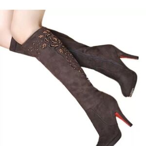 "G" by GUESS Elegant Suede Round Toe Embroidered Knee High Stiletto Brown Boots